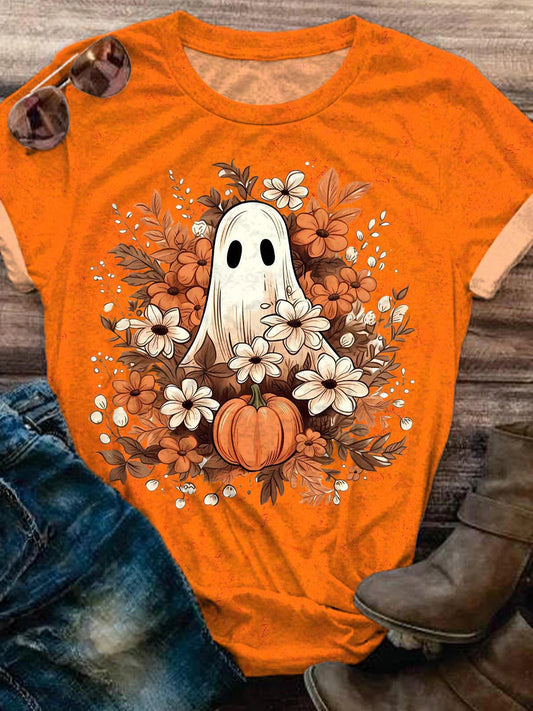 Halloween Ghost Flower Print Casual T-Shirt