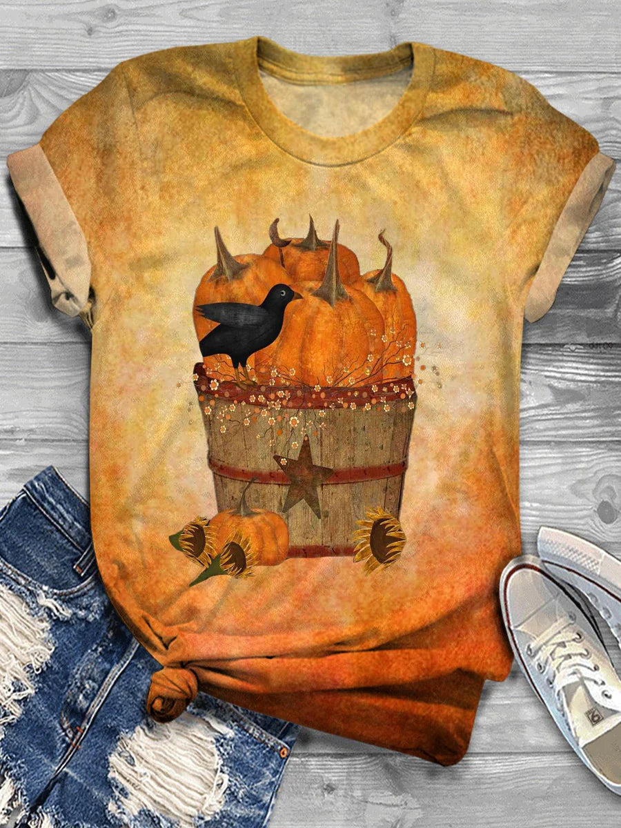 Vintage Pumpkin Crow Print Casual T-Shirt