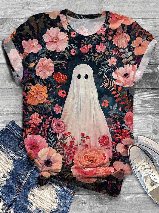 Unisex Ghost Flower Print Casual T-Shirt