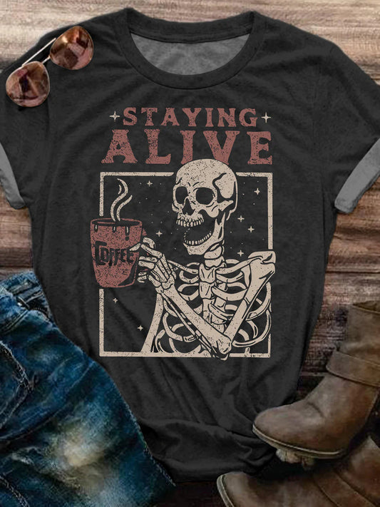 Vintage Staying Alive Skull Print Casual T-Shirt