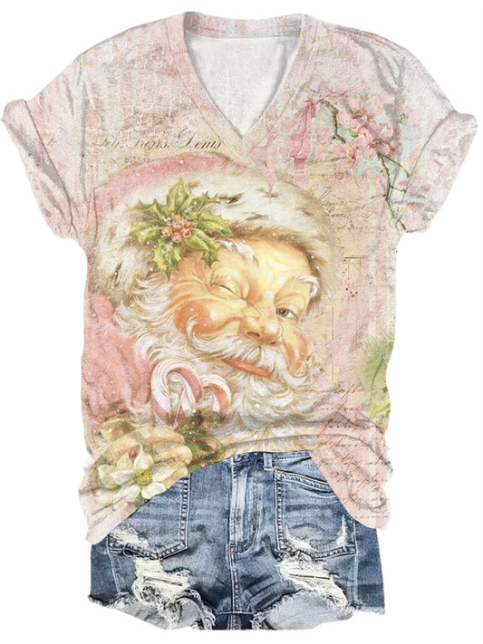 Pink Vintage Santa Print V-Neck T-Shirt