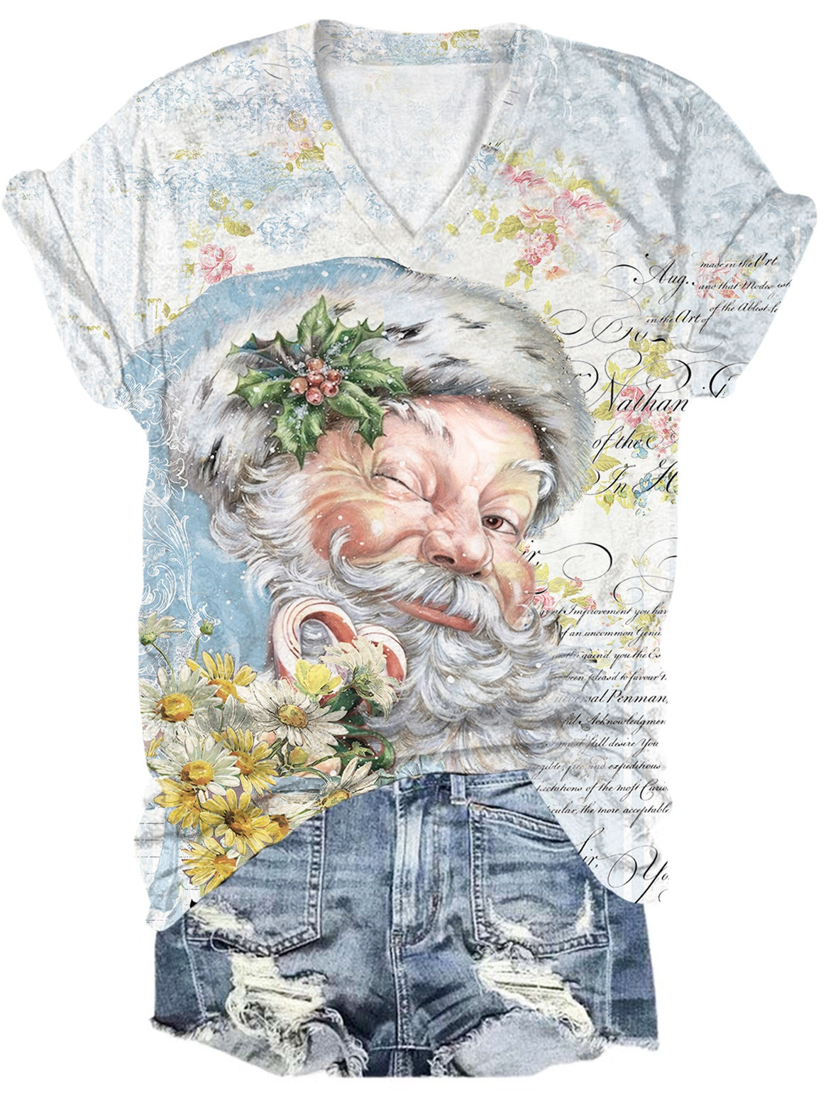 Pink Vintage Santa Print V-Neck T-Shirt