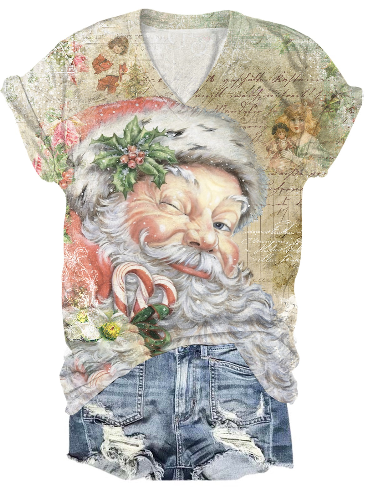 Pink Vintage Santa Print V-Neck T-Shirt