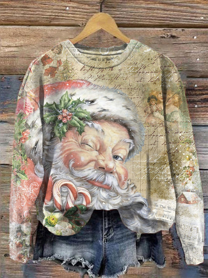 Women's Vintage Santa Print Crew Neck Top