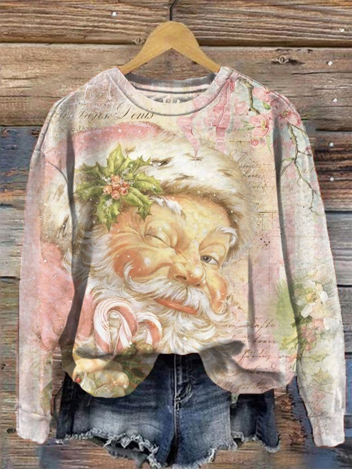 Women's Vintage Santa Print Crew Neck Top