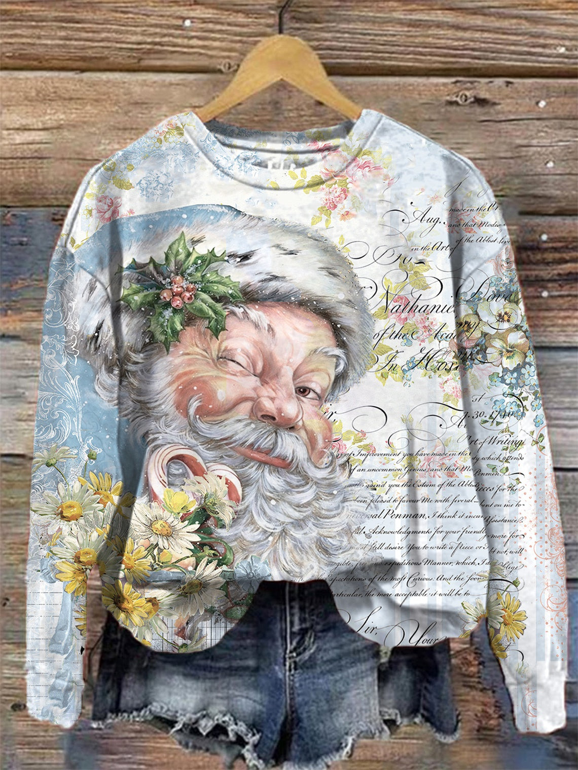 Women's Vintage Santa Print Crew Neck Top