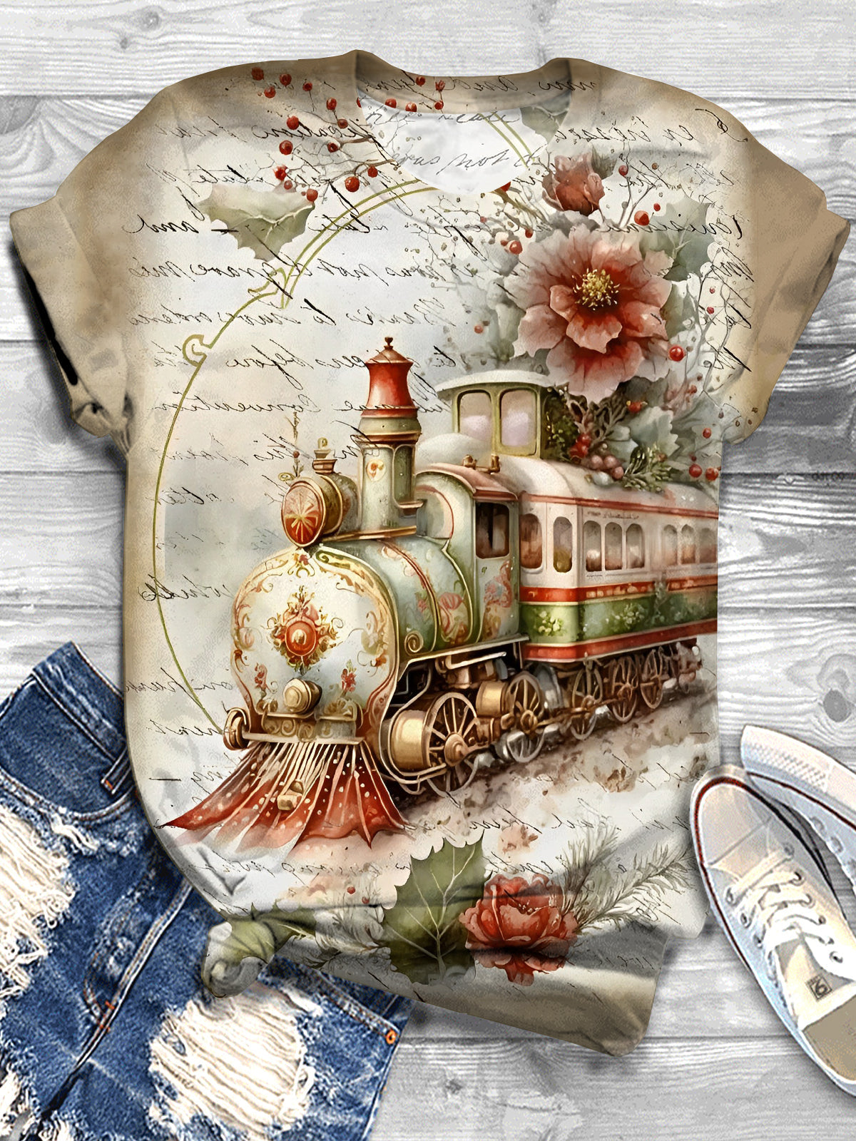 Christmas Train Print Crew Neck T-shirt