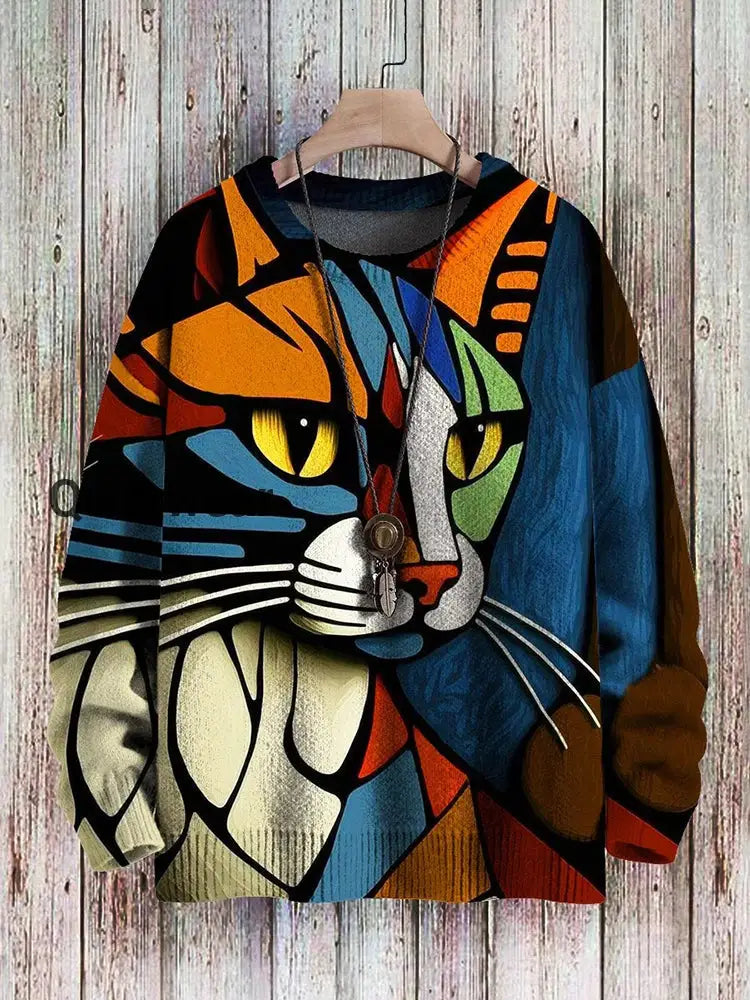 Abstract Art Cat Multicolor Print Casual Pullover Knitted Sweater Women\’s Tops