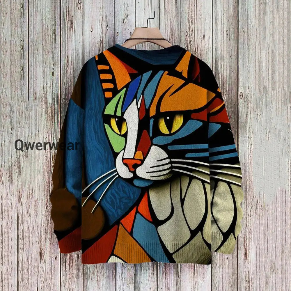 Abstract Art Cat Multicolor Print Casual Pullover Knitted Sweater Women\’s Tops