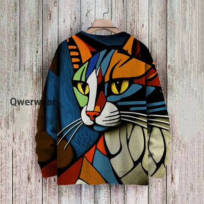 Abstract Art Cat Multicolor Print Casual Pullover Knitted Sweater Women\’s Tops