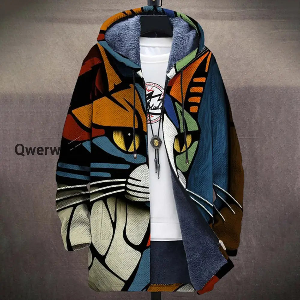 Abstract Art Cat Print Plush Long Sleeve Sweater Jacket Cardigan Blue / S Men\’s Tops