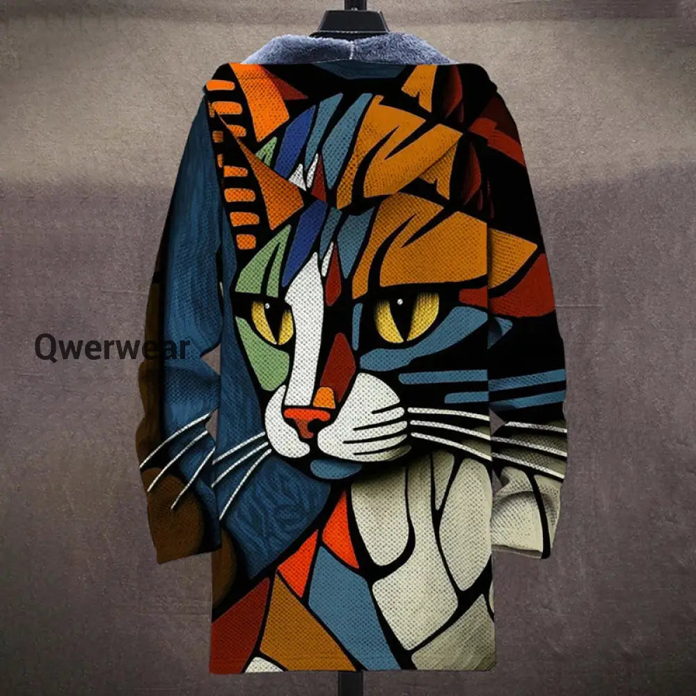 Abstract Art Cat Print Plush Long Sleeve Sweater Jacket Cardigan Men\’s Tops