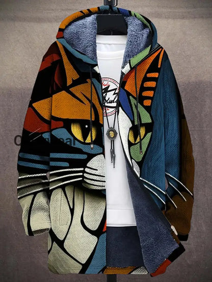 Abstract Art Cat Print Plush Long Sleeve Sweater Jacket Cardigan Men\’s Tops