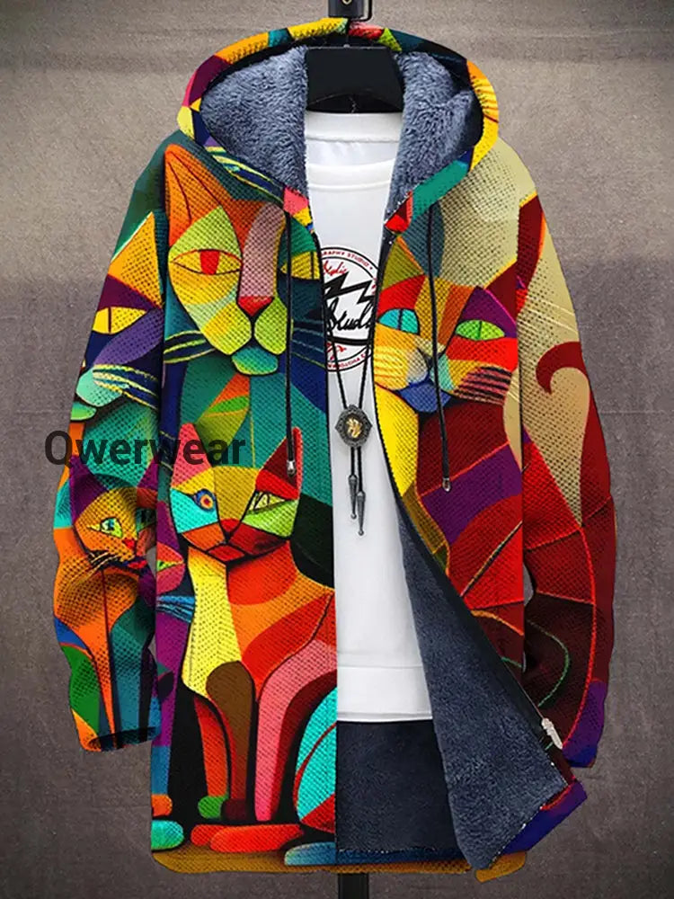 Abstract Art Cat Print Plush Thickened Long Sleeve Sweater Jacket Cardigan Men\’s Tops