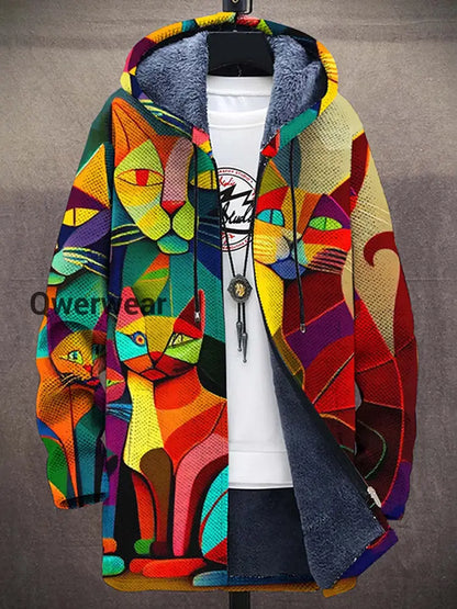 Abstract Art Cat Print Plush Thickened Long Sleeve Sweater Jacket Cardigan Men\’s Tops