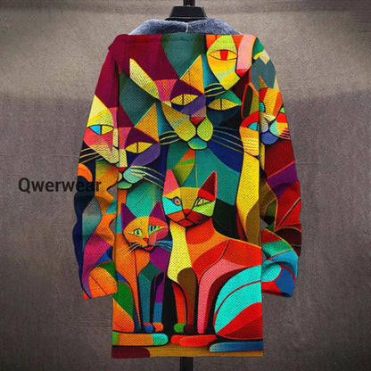 Abstract Art Cat Print Plush Thickened Long Sleeve Sweater Jacket Cardigan Men\’s Tops