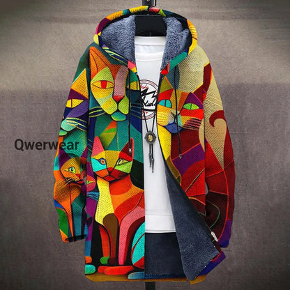 Abstract Art Cat Print Plush Thickened Long Sleeve Sweater Jacket Cardigan multicolor / S Men\’s Tops