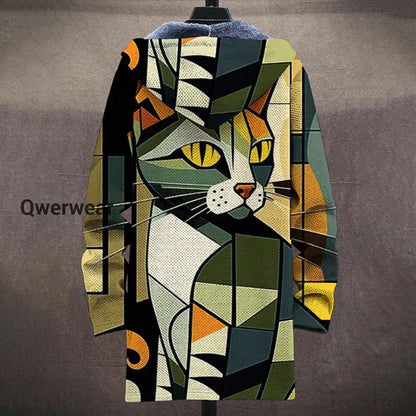 Abstract Geometric Cat Art Pattern Plush Thick Long Sleeve Sweater Cardigan Jacket Men\’s Tops