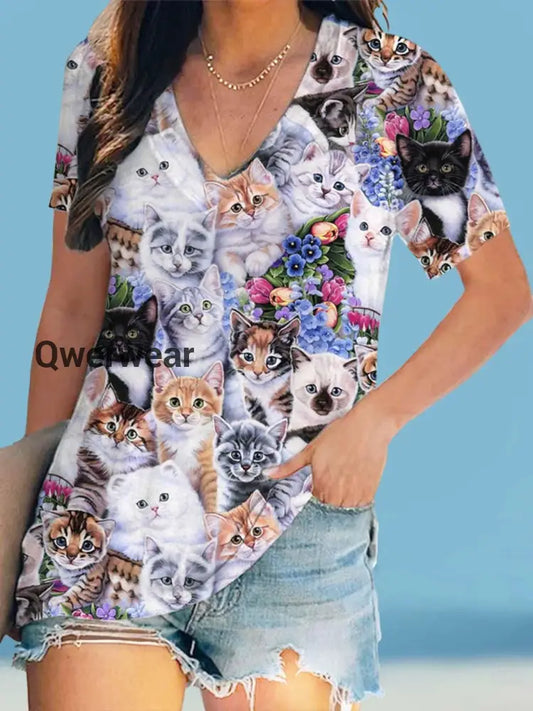 Animal Cat Print V-Neck Short-Sleeved T-Shirt multicolor / S Women\’s Tops