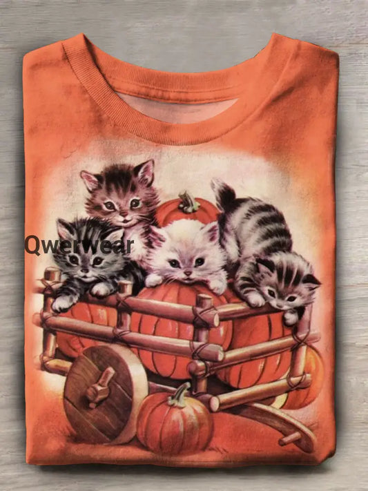 Autumn Pumpkin Cat Print Casual Short Sleeve Top Mixed Color / S Women\’s Tops