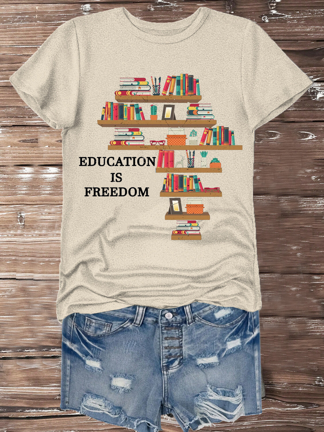 Women's Education Is Freedom African Map Graphic Print Cotton Casual T-Shirt