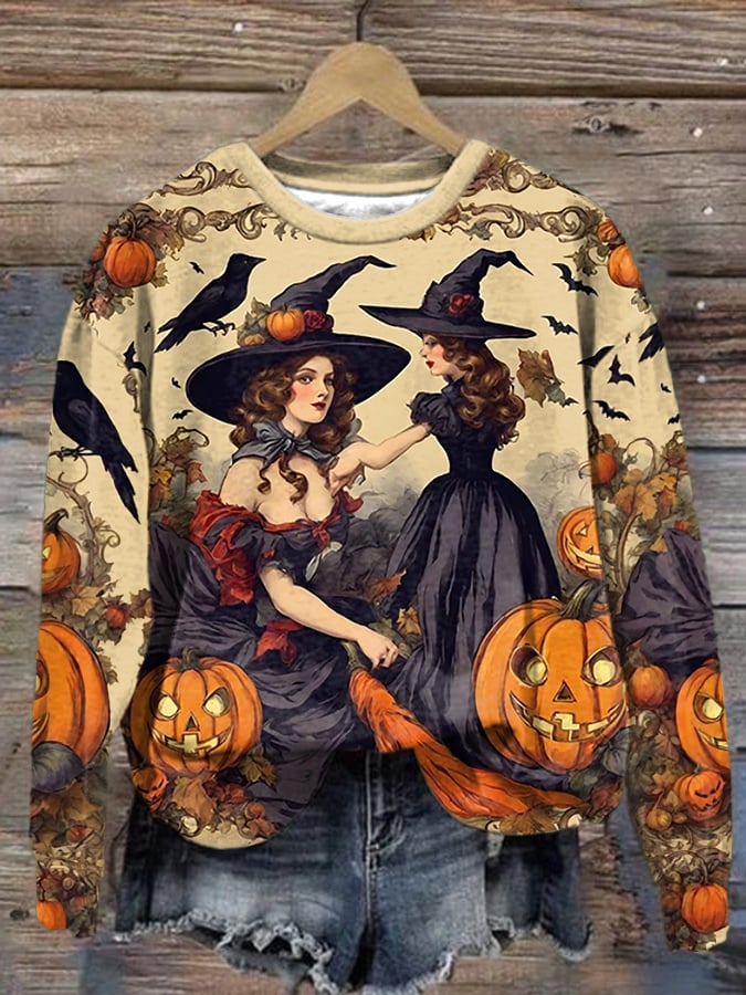 Women's Halloween Witch Print Crew Neck Sweatshirt