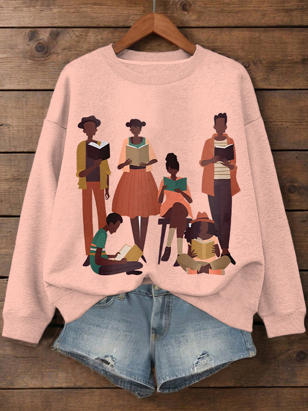 Women's Reading Lovers Illustration Print Cotton Long Sleeve T-Shirt Thin Sweatshirt