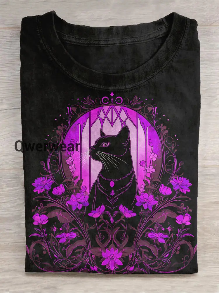 Black Cat and Floral Unisex Crew Neck Short Sleeve Casual T-Shirt Black-Purple / S
