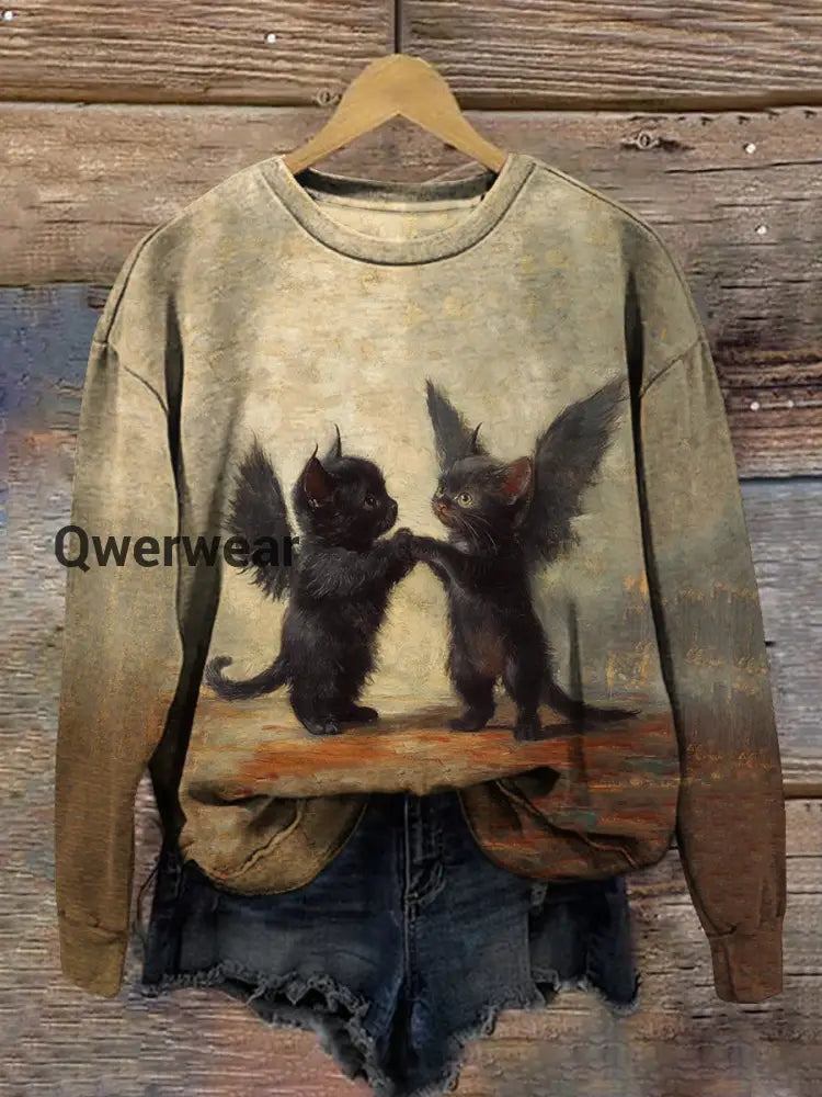Black Cat Art Print Unisex Crew Neck Long Sleeve Casual Sweatshirt Light Brown / S