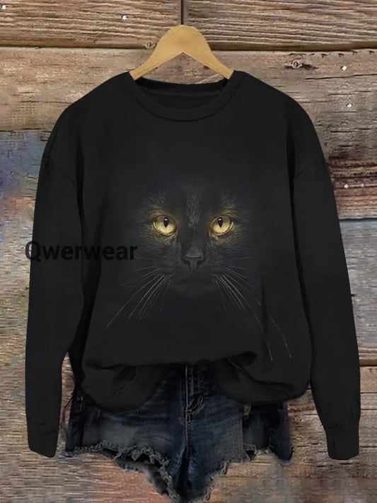 Black Cat Art Print Unisex Crew Neck Long Sleeve Casual Sweatshirt Black / S