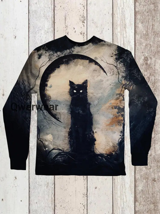 Black Cat Art Print Unisex Crew Neck Long Sleeve Casual T-Shirt Black-Brown / S