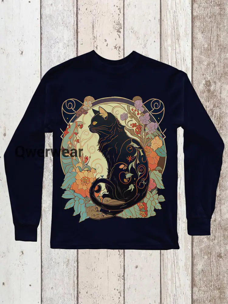 Black Cat Art Print Unisex Crew Neck Long Sleeve Casual T-Shirt Dark Blue / S