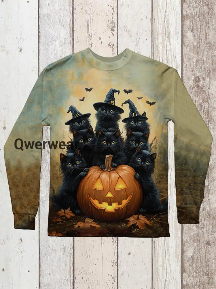 Black Cat Art Print Unisex Crew Neck Long Sleeve Casual T-Shirt Light Brown / S