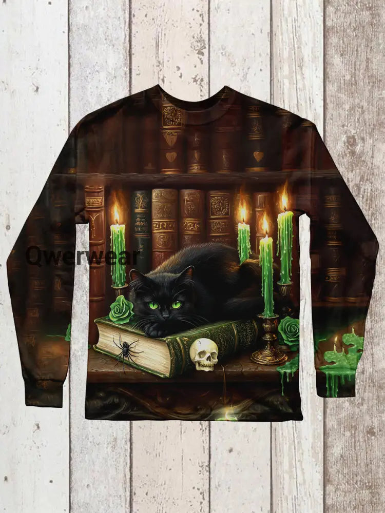 Black Cat Art Print Unisex Crew Neck Long Sleeve T-Shirt Dark Brown / S