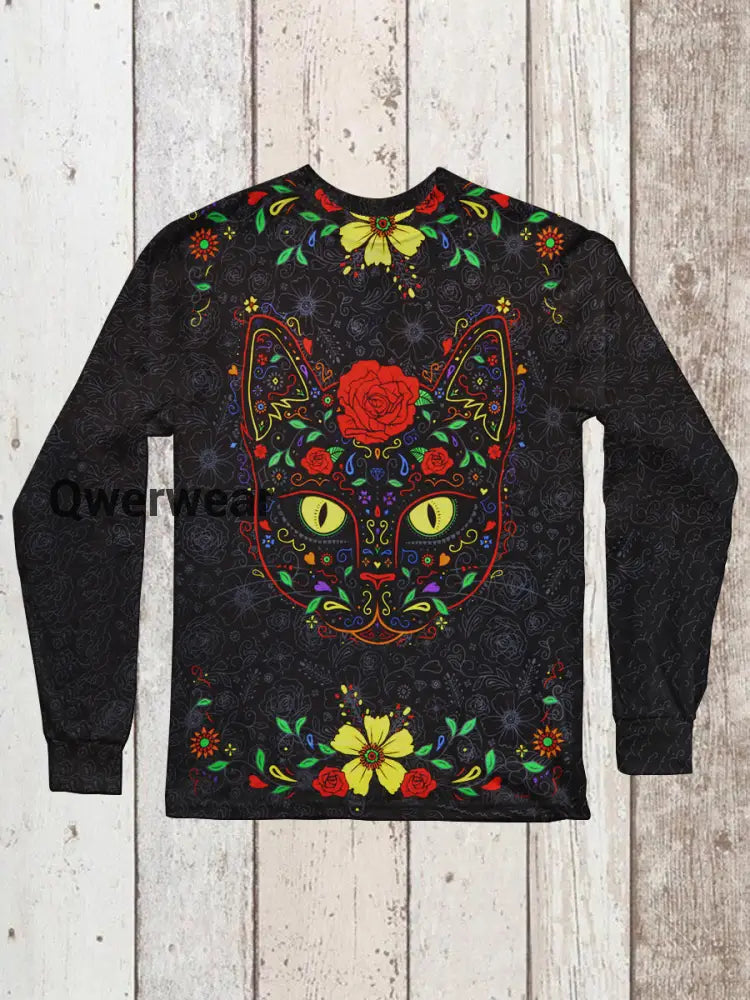 Black Cat Art Print Unisex Crew Neck Long Sleeve T-Shirt Black / S