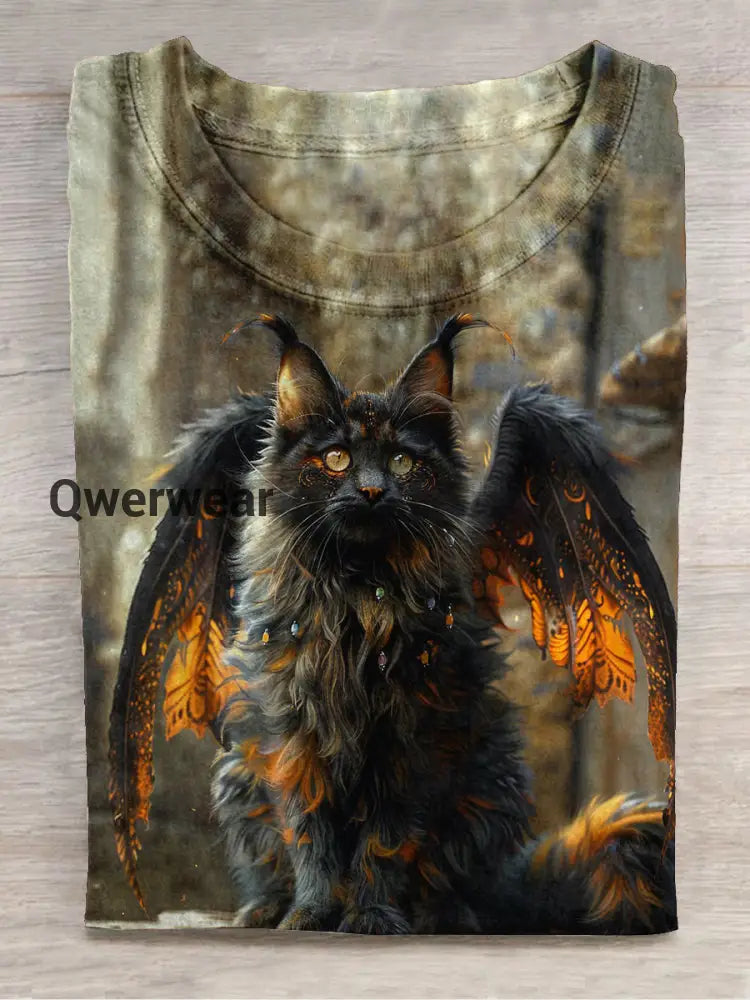 Black Cat Art Print Unisex Crew Neck Short Sleeve Casual T-Shirt Light Brown / S