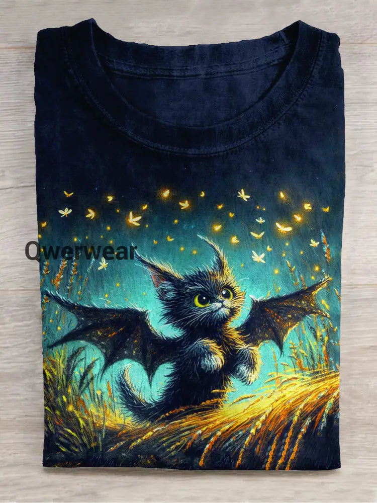 Black Cat Art Print Unisex Crew Neck Short Sleeve Casual T-Shirt Navy Blue / S