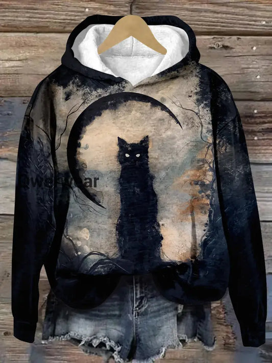 Black Cat Art Print Unisex Long Sleeve Casual Hooded Sweatshirt Black-Brown / S