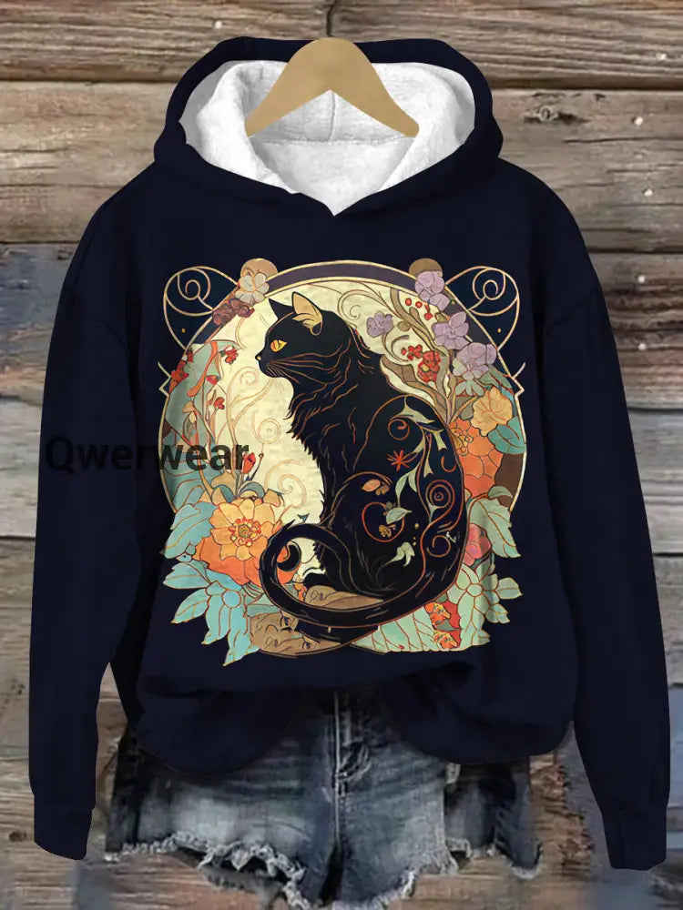 Black Cat Art Print Unisex Long Sleeve Casual Hooded Sweatshirt Dark Blue / S