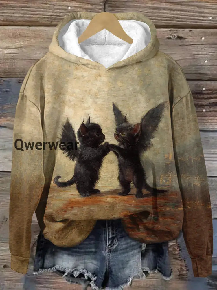 Black Cat Art Print Unisex Long Sleeve Casual Hooded Sweatshirt Light Brown / S