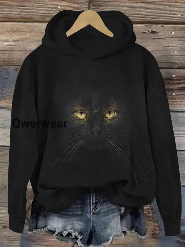 Black Cat Art Print Unisex Long Sleeve Casual Hooded Sweatshirt Black / S