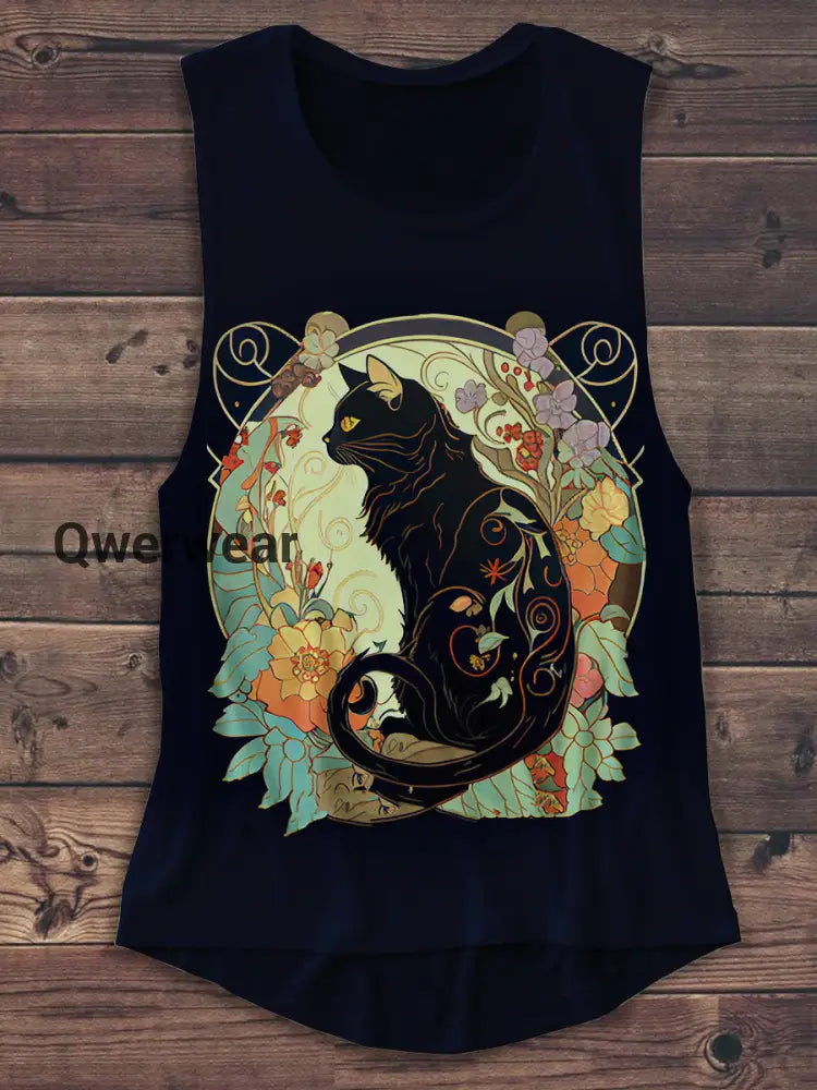 Black Cat Art Print Unisex Tank Top Dark Blue / S