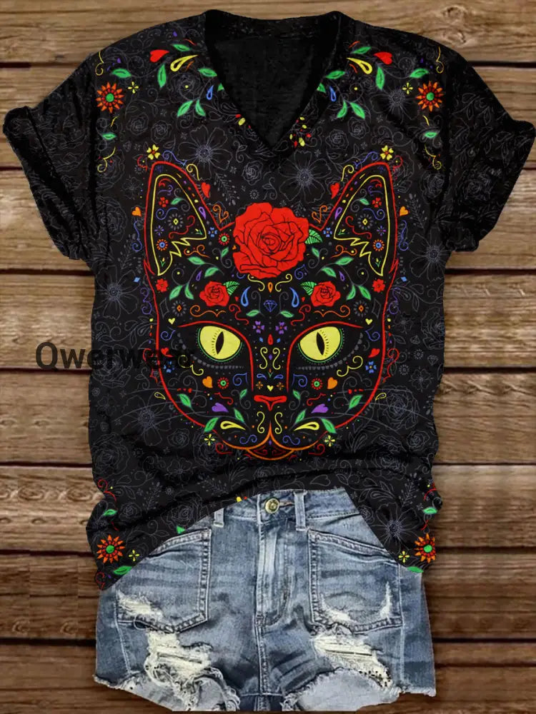 Black Cat Art Print Unisex V-Neck Casual T-Shirt Black / S