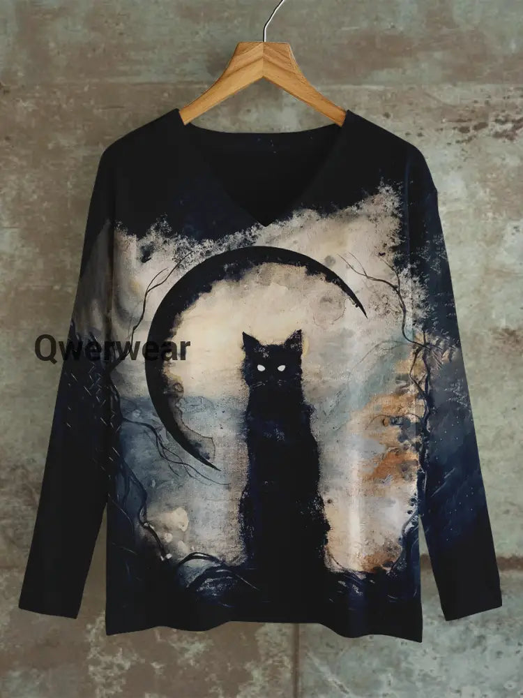 Black Cat Art Print Unisex V-Neck Long Sleeve Casual T-Shirt Black-Brown / S