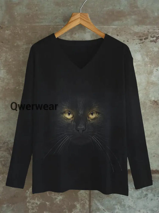 Black Cat Art Print Unisex V-Neck Long Sleeve Casual T-Shirt Black / S