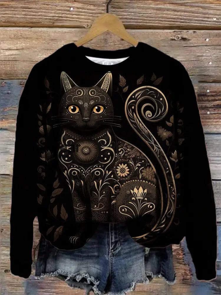Black Cat Folk Art Print Crew Neck Long Sleeve Casual Sweatshirt multicolor / S Halloween