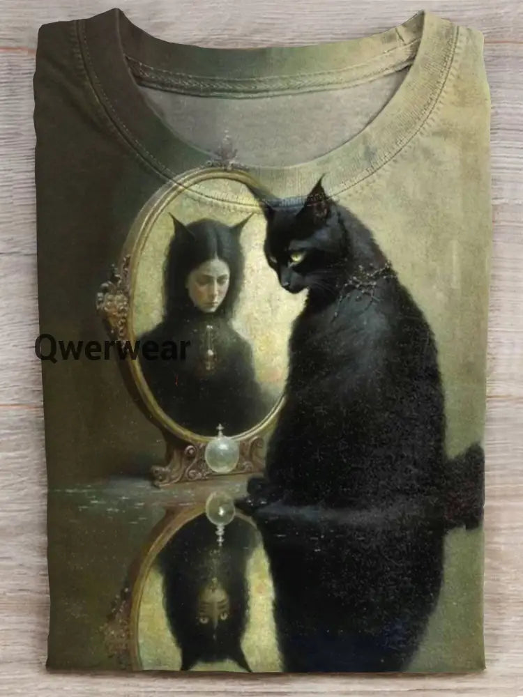 Black Cat Horror Art Print Casaul Short Sleeve T-shirt Multicolor / S