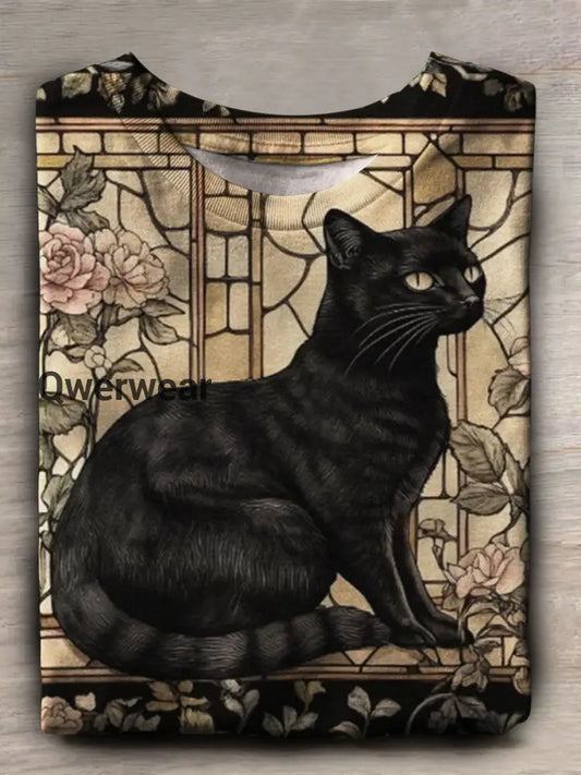 Black Cat Print Casual Short Sleeve Top Multicolor / S