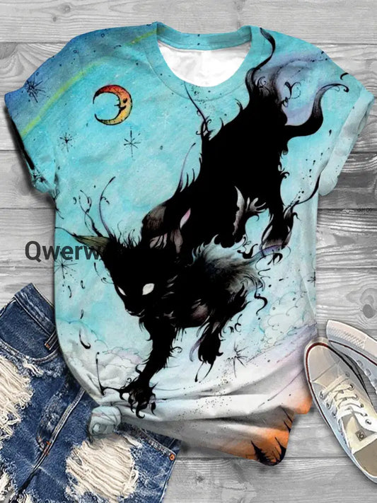 Black Cat Print Crew Neck T-shirt Mixed Color / S Women\’s Tops