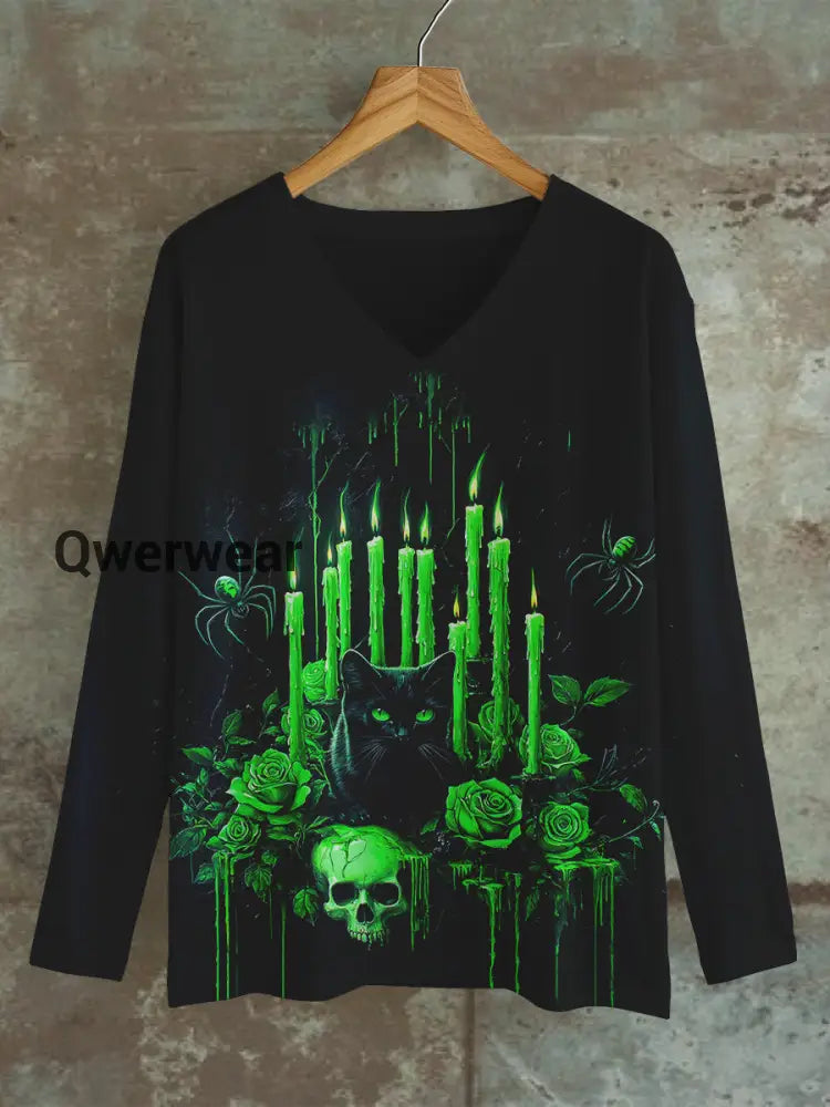 Black Cat Witch Art Print Unisex V-Neck Long Sleeve Casual T-Shirt Black / S